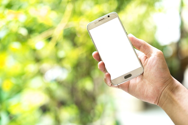 Mano sosteniendo un teléfono inteligente con pantalla en blanco sobre fondo verde desenfoque