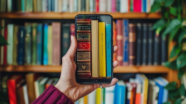 Foto una mano sosteniendo un teléfono inteligente con la pantalla que muestra una foto de una biblioteca una estantería está en el fondo