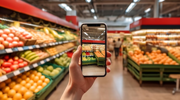 mano sosteniendo un teléfono inteligente tomando fotos de frutas y verduras en el supermercado