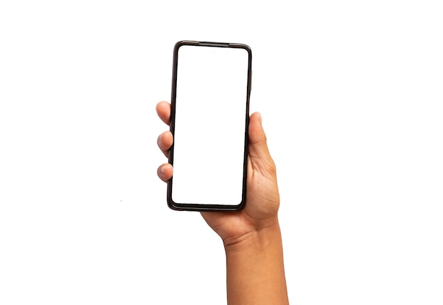 La mano sosteniendo un teléfono móvil sobre un fondo blanco
