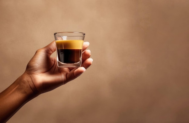 Una mano sosteniendo un vaso de café espresso sobre fondo de estuco beige