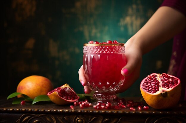 Foto una mano sosteniendo un vaso de jugo de granada con una rebanada de toronja