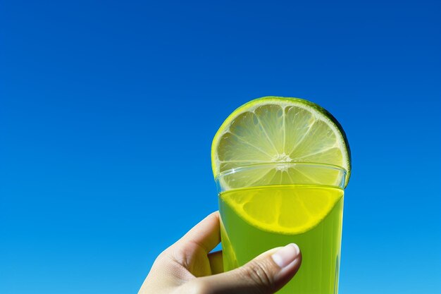 Foto una mano sosteniendo un vaso de jugo de limón contra un cielo azul brillante