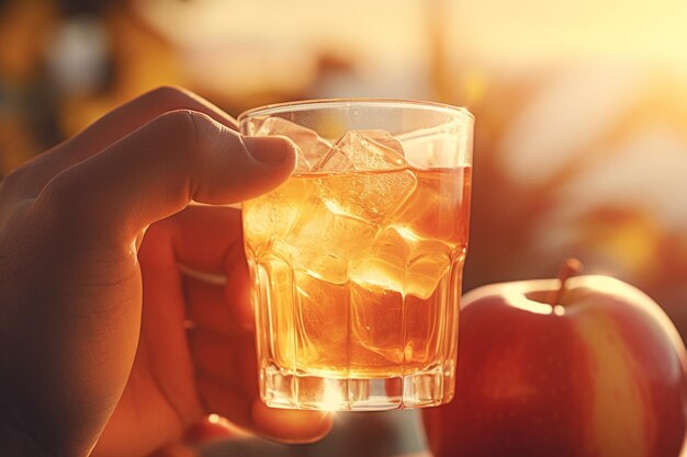 Una mano sosteniendo un vaso de jugo de manzana contra la luz del sol