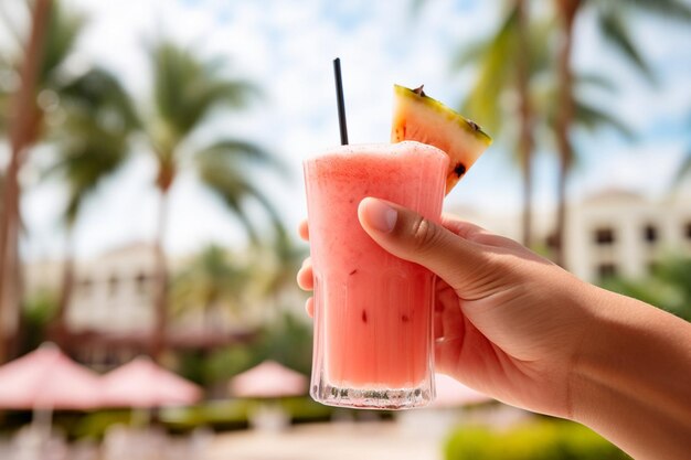 Una mano sosteniendo un vaso de jugo de sandía contra una vibrante puesta de sol de verano