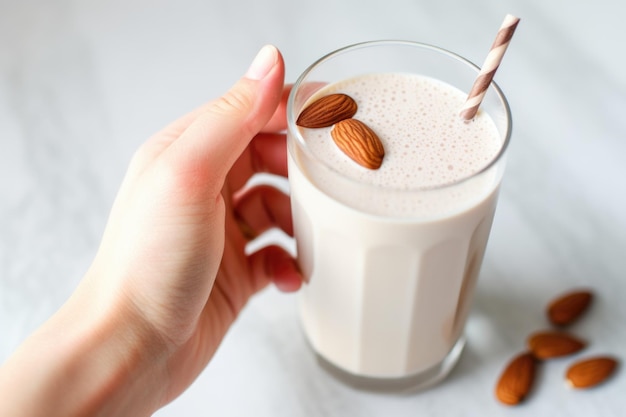 Foto mano sosteniendo un vaso de leche de almendras con una pajita