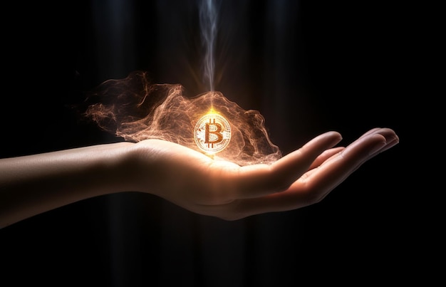 Una mano sostiene un bitcoin de oro con la palabra moneda criptográfica en él genarative ai