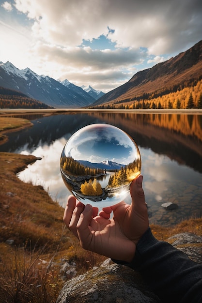 Una mano sostiene una bola de cristal que contiene una imagen reflejada verticalmente del paisaje de fondo.