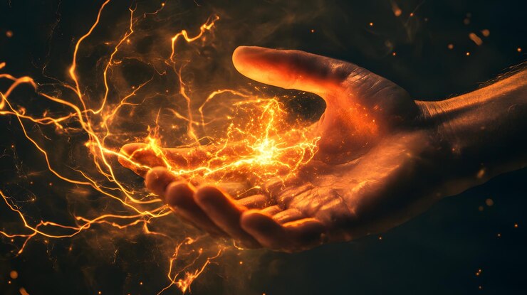 La mano sostiene una bola de fuego y chispas