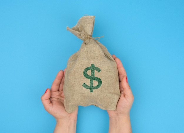 La mano sostiene una bolsa de lona llena de dinero con un icono de dólar estadounidense en un fondo azul planificación presupuestaria