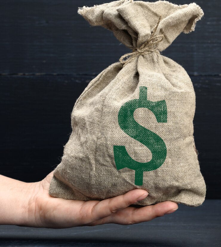 Foto la mano sostiene una bolsa de lona llena de dinero con un icono de dólar estadounidense sobre una superficie azul
