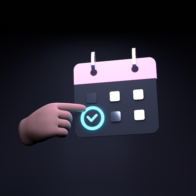 Una mano sostiene un calendario con una marca de verificación 3D Render ilustración