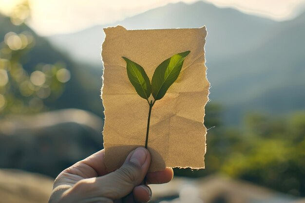 La mano sostiene un cartel para el concepto de sostenibilidad ambiental y el símbolo de reciclaje