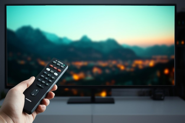 La mano sostiene un control remoto que altera los canales en una pantalla de TV vacía