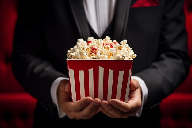 una mano sostiene un cuenco de palomitas de maíz preparadas para ser disfrutadas durante una acogedora noche de cine en casa