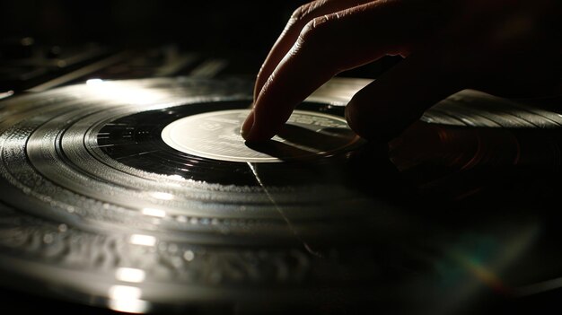 Una mano sostiene un disco de vinilo hasta la luz admirando las intrincadas ranuras grabadas en su superficie