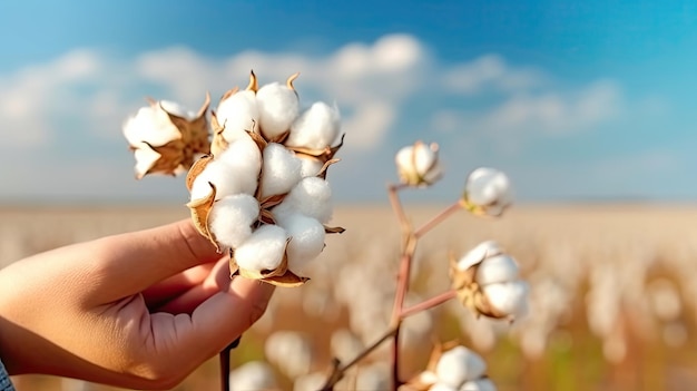 Una mano sostiene flores de algodón contra el fondo de un campo de algodón IA generativa