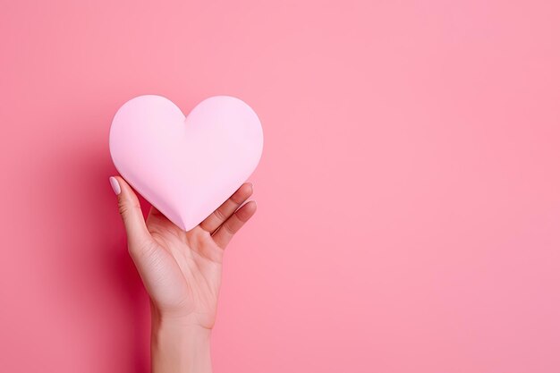 la mano sostiene una forma de amor de corazón sobre un fondo rosa con espacio para copiar