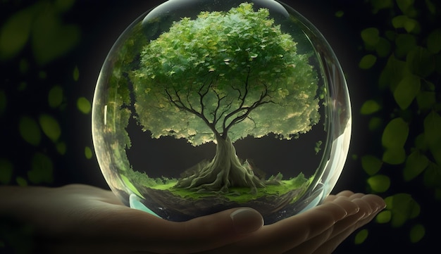 Una mano sostiene un globo de cristal con un árbol dentro.