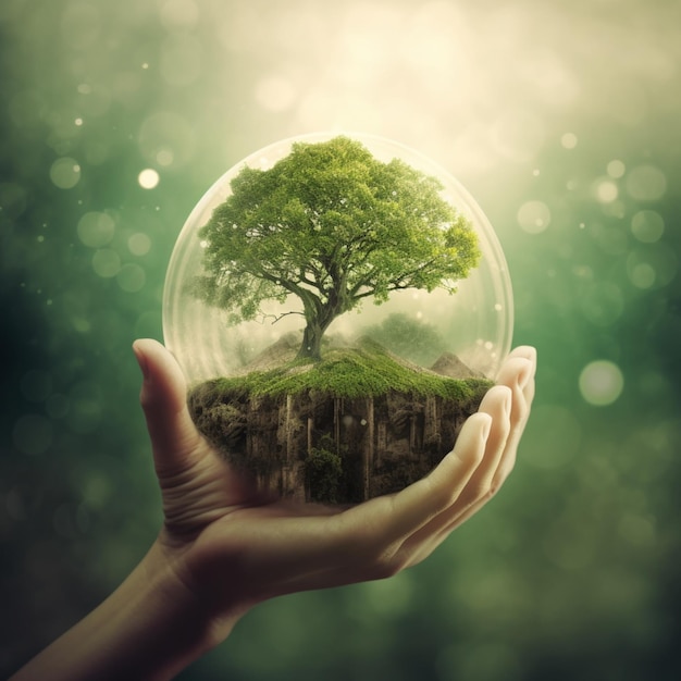Una mano sostiene un globo de cristal con un árbol dentro.