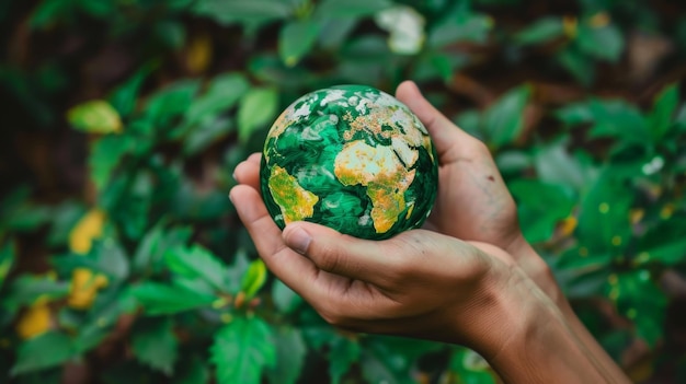 Una mano sostiene un globo pintado que simboliza la administración del medio ambiente