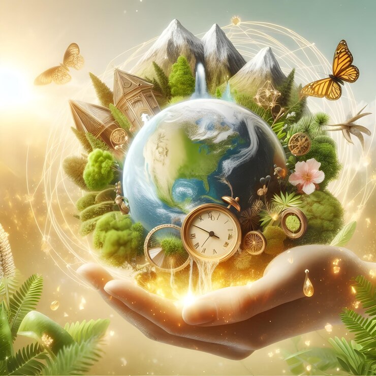 una mano sostiene un globo con un reloj y un mundo a su alrededor