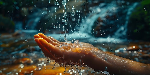 una mano sostiene gotas de agua que está siendo salpicada por una persona