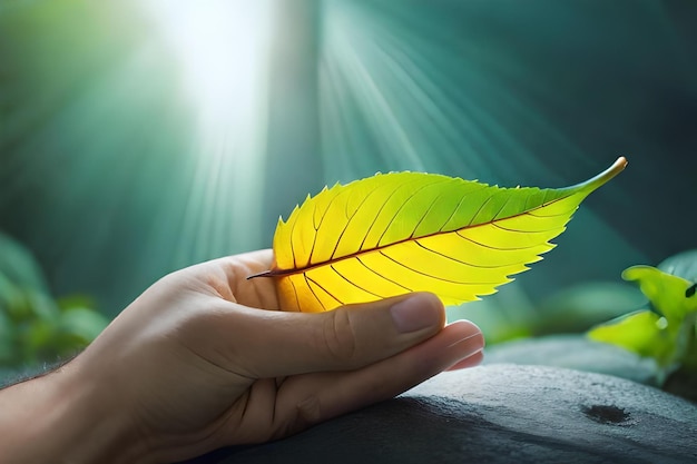 una mano sostiene una hoja con el sol brillando al fondo.