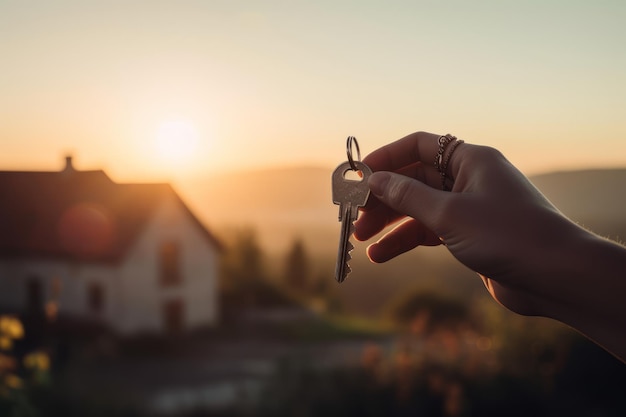 Una mano sostiene una llave frente a una casa inmobiliaria Creado con tecnología de IA generativa