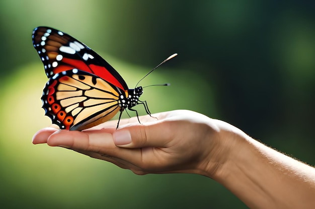 Una mano sostiene una mariposa en una palma.