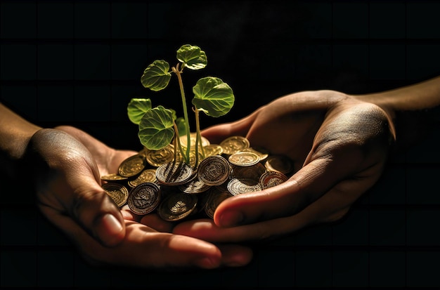 Foto una mano sostiene monedas sosteniendo una planta.