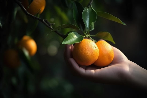 Una mano sostiene una naranja colgando de un árbol.
