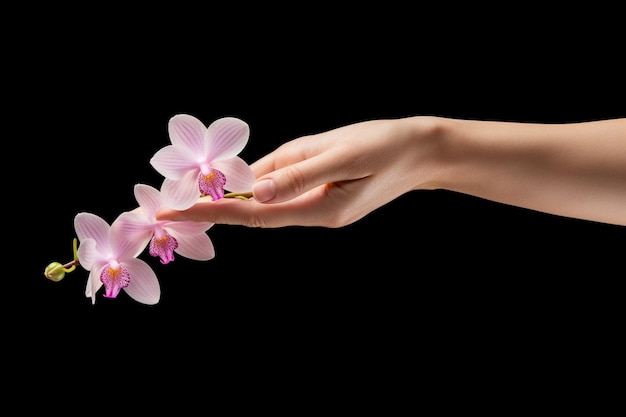 La mano sostiene una orquídea de lado