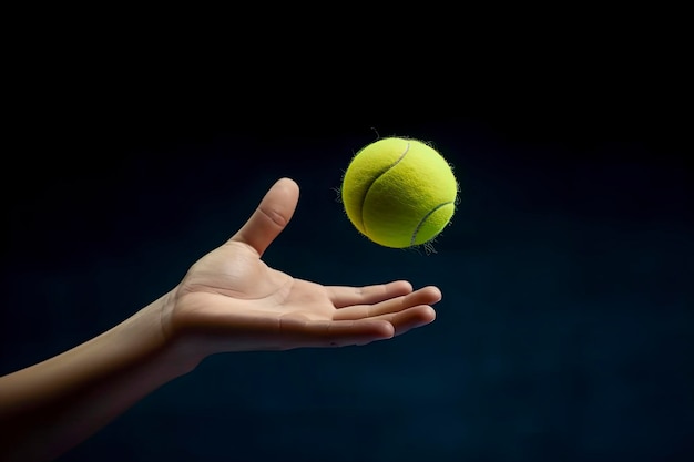 Una mano sostiene una pelota de tenis frente a un fondo negro.