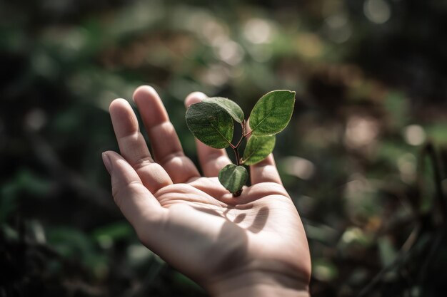 Una mano sostiene una pequeña planta con la palabra amor.