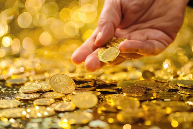 una mano sostiene una pila de monedas de oro con el fondo de monedas De oro