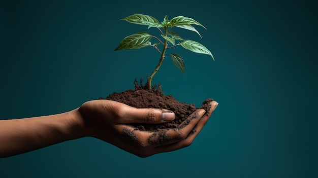 la mano sostiene una planta que crece en el suelo en estilo verde azulado claro y bronce