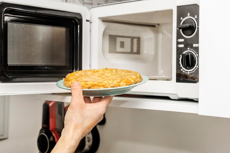Foto una mano sostiene el plato con la tortilla de patata recién salida del horno microondas