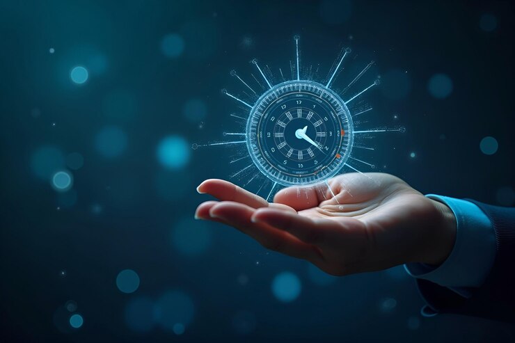 una mano sostiene un reloj abstracto digital futurista