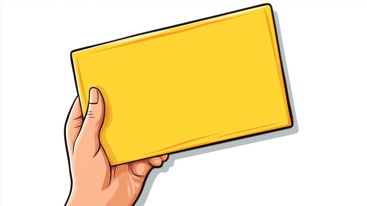 Foto la mano sostiene una tarjeta amarilla en blanco con fondo aislado blanco