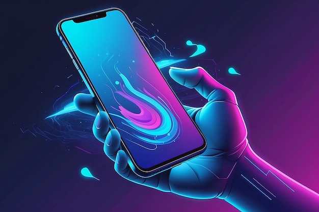 La mano sostiene un teléfono móvil levitando Ilustración vectorial en tonos azules de neón plantilla de pancarta horizontal