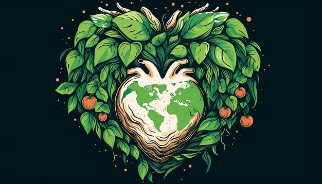 Mano sostiene la Tierra en forma de corazón con 'Vegan for the Planet' en negrita y moderna fuente abstracta