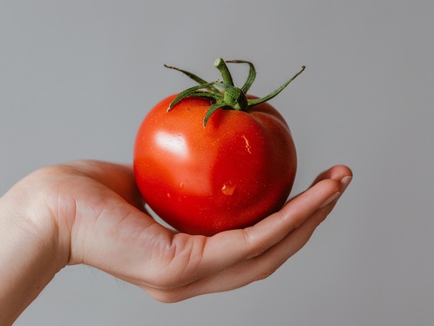 La mano sostiene un tomate rojo fresco