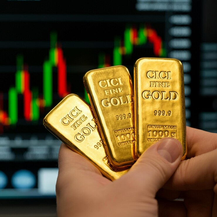 Una mano sostiene tres barras de oro brillantes frente a un gráfico financiero borroso en una pantalla