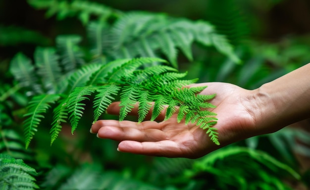 Una mano suave acunando una delicada hoja de helecho en un bosque verde y exuberante