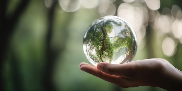 Mano sujetando una bola de cristal con un bosque en su interior