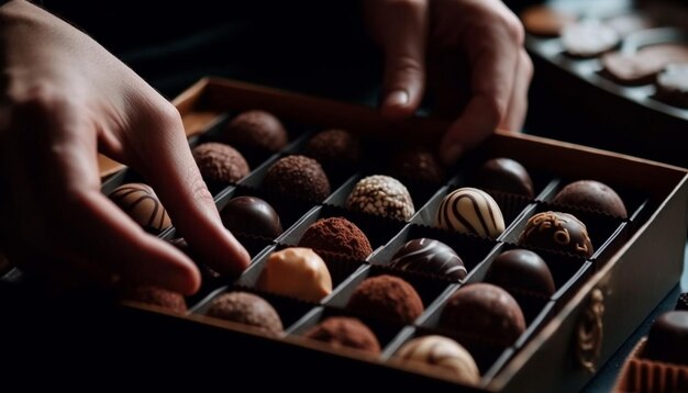 Foto mano sujetando una bola de trufas de chocolate oscuro, una delicia gourmet generada por ia