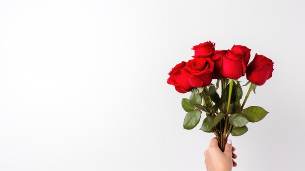 Foto mano sujetando el brazo ramo de flores de rosas rojas aislado a través del estudio de fondo de pared blanca