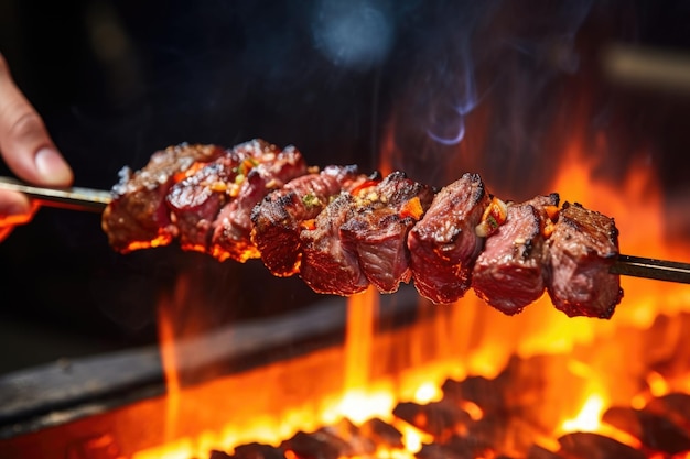 Mano sujetando brocheta de carne sobre parrilla en llamas