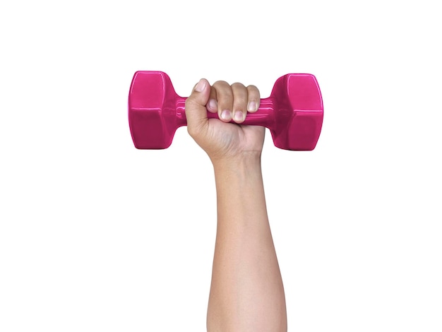 Mano sujetando dumbell sobre fondo blanco aislado